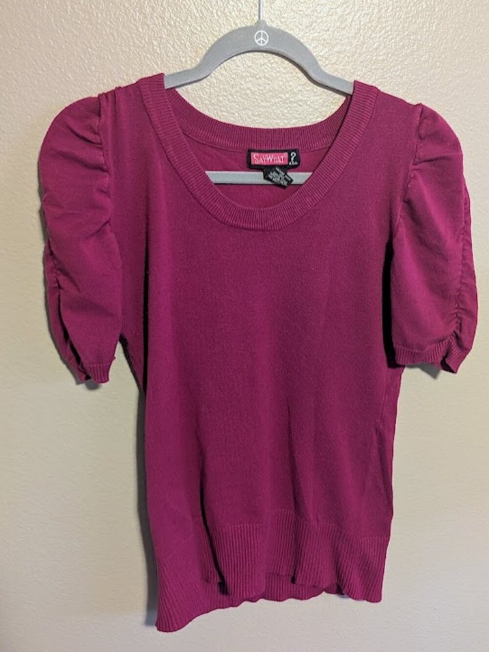 Vintage Say What? Magenta Knit Top Size M Puff Sleeve Scoop Neck Short Sleeve